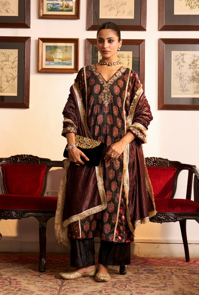 Charcoal Black Printed Panel Dilbar Kurta Set