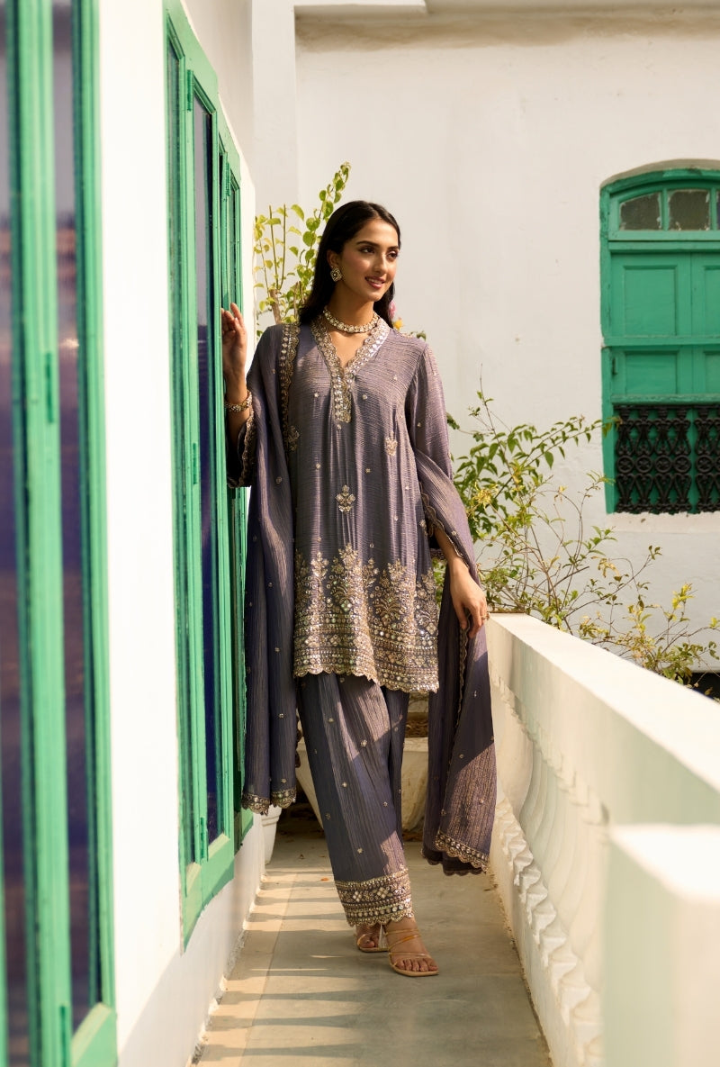 English Blue Embroidered A-Line Nadira Farshi Salwar Set