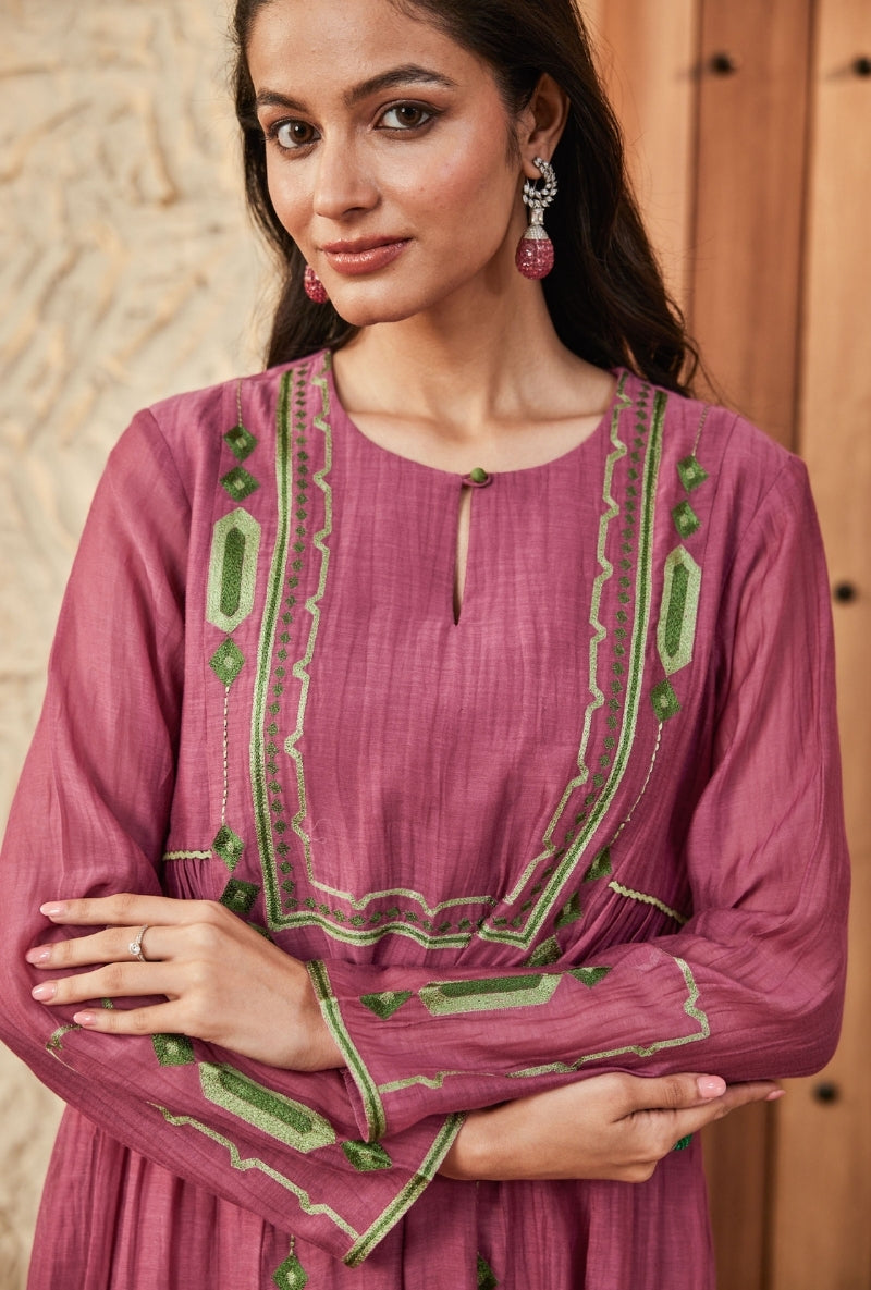 Wine Resham Yoke A-Line Aadhya Kurta Set