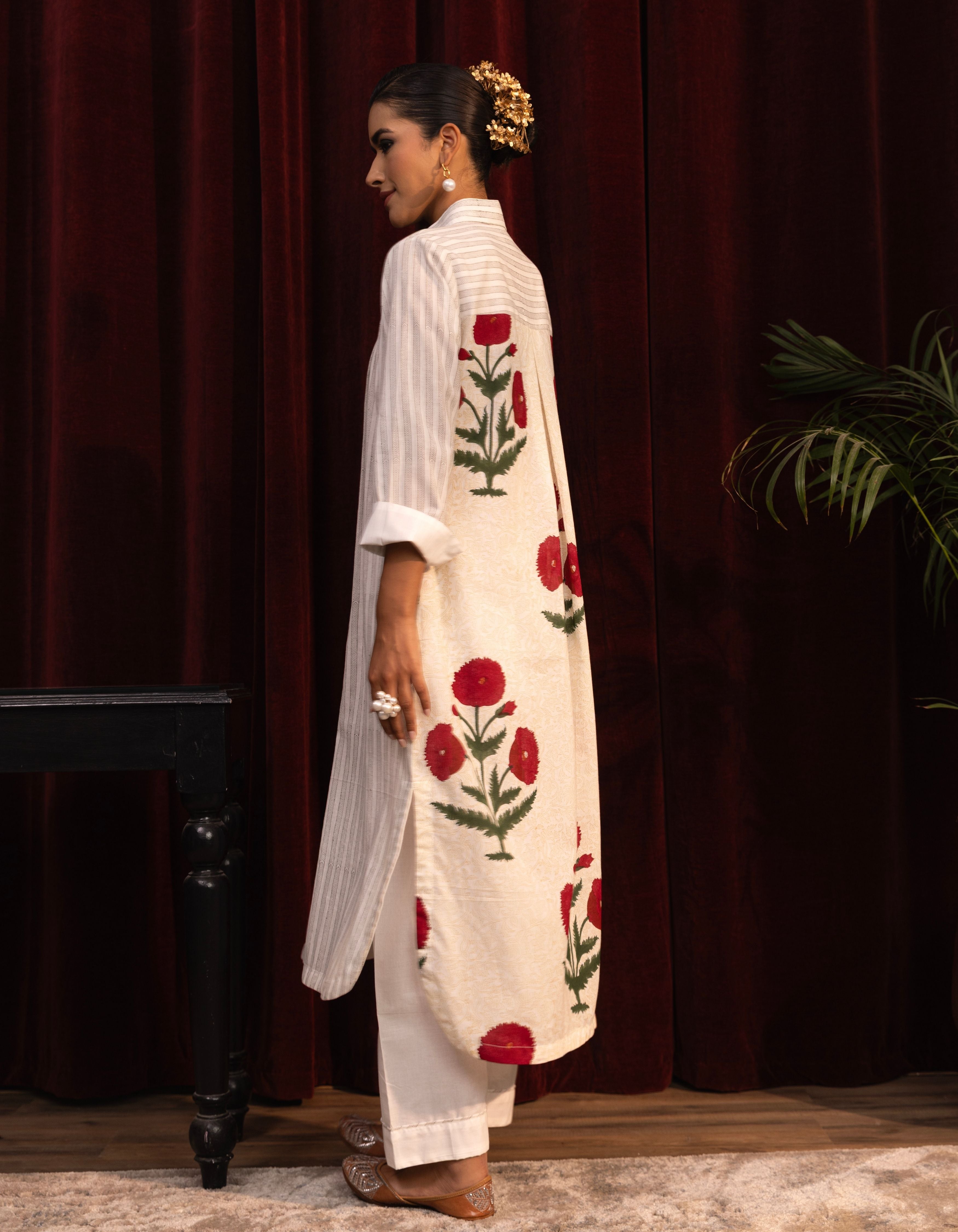 White Mughal Poppy Block Print Mogra Kurta Set