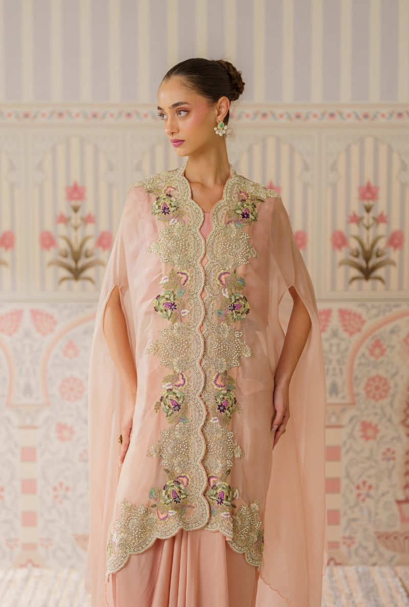 Powder Pink Pearl And Resham Mallika Cape Set