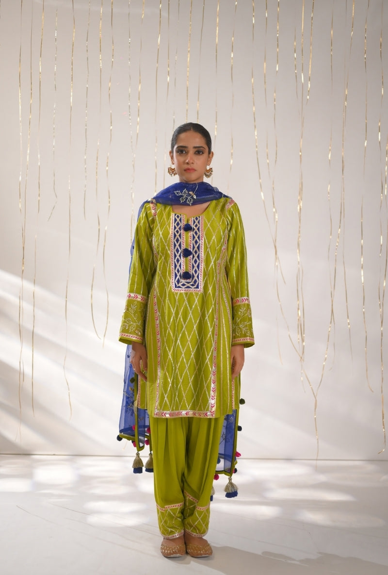Mehendi Green Gota Lace Patti Short Mehreen Kurta Set