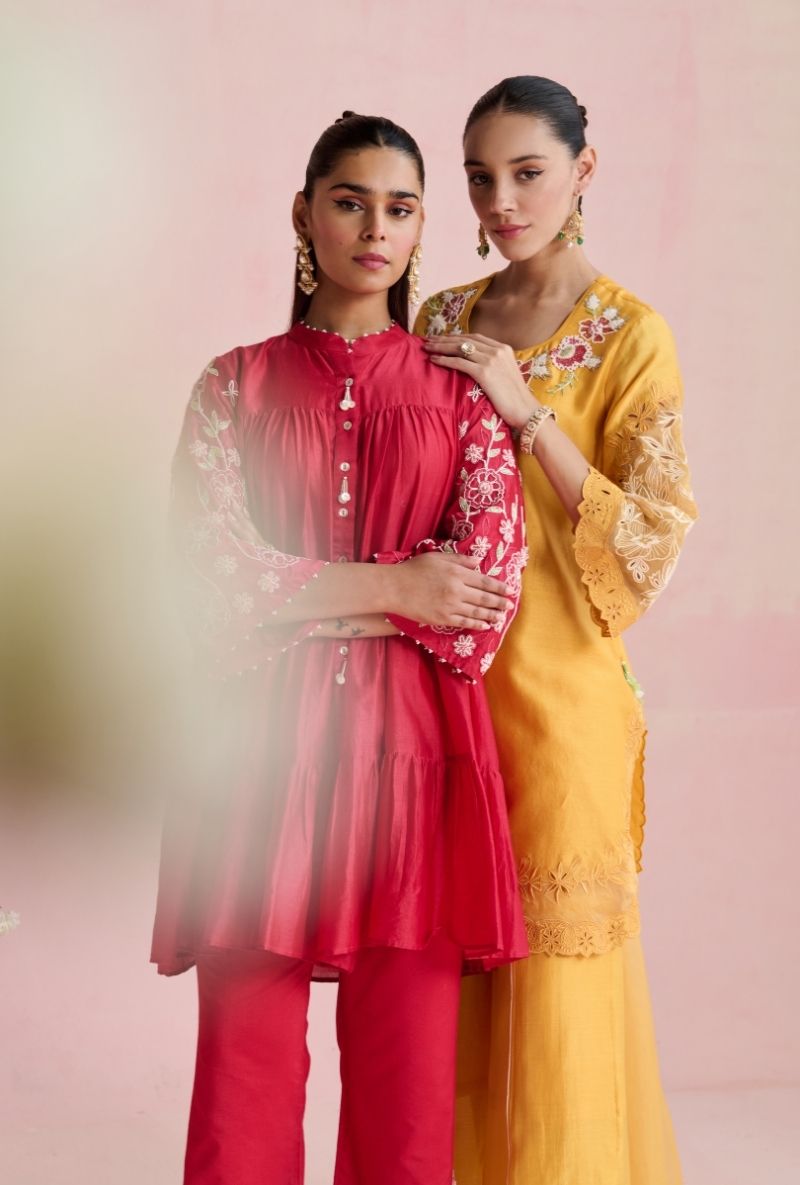 Bright Pink Embroidered Sleeves A Line Amara Kurta Set