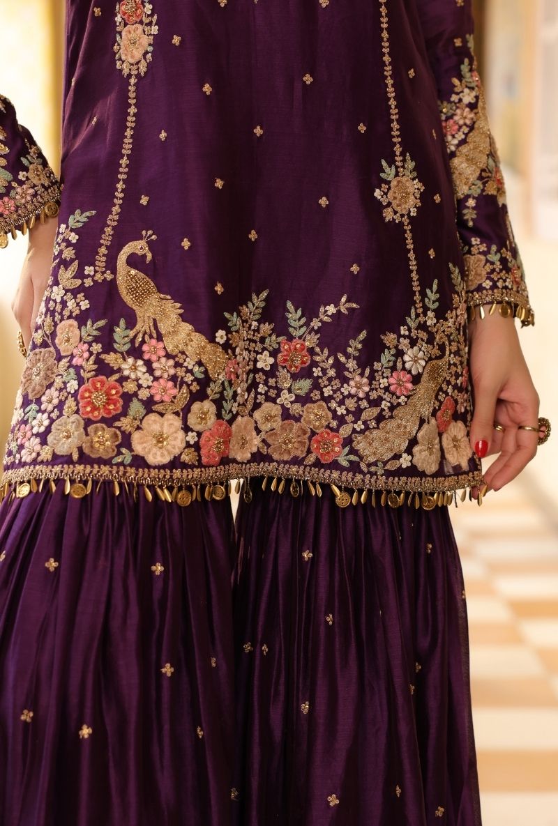 Purple Mayur Applique Heavy Mehfil Sharara Set