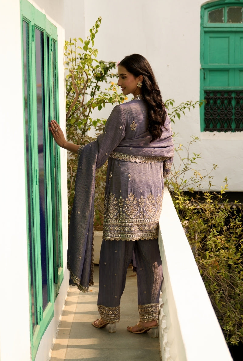 English Blue Embroidered A-Line Nadira Farshi Salwar Set