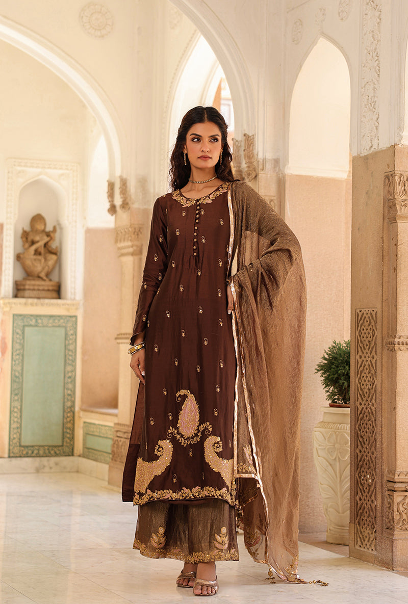 Brown Applique Long Raag Kurta Set
