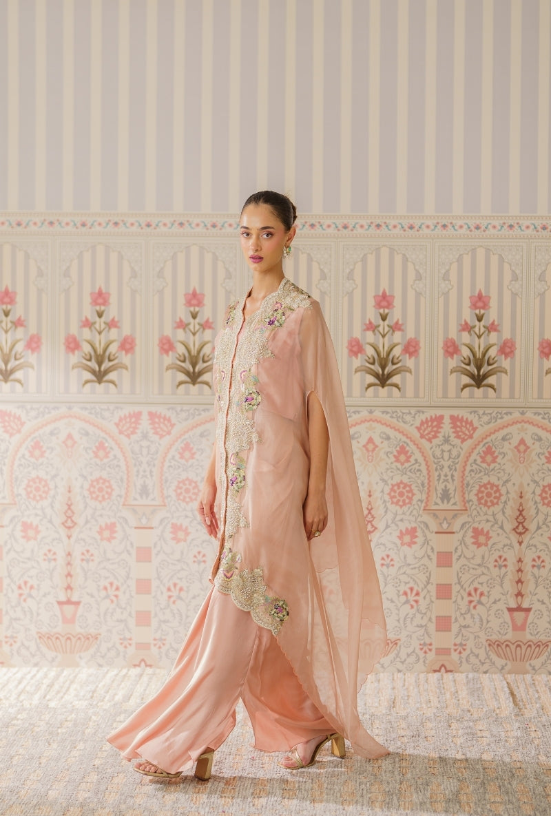Powder Pink Pearl And Resham Mallika Cape Set
