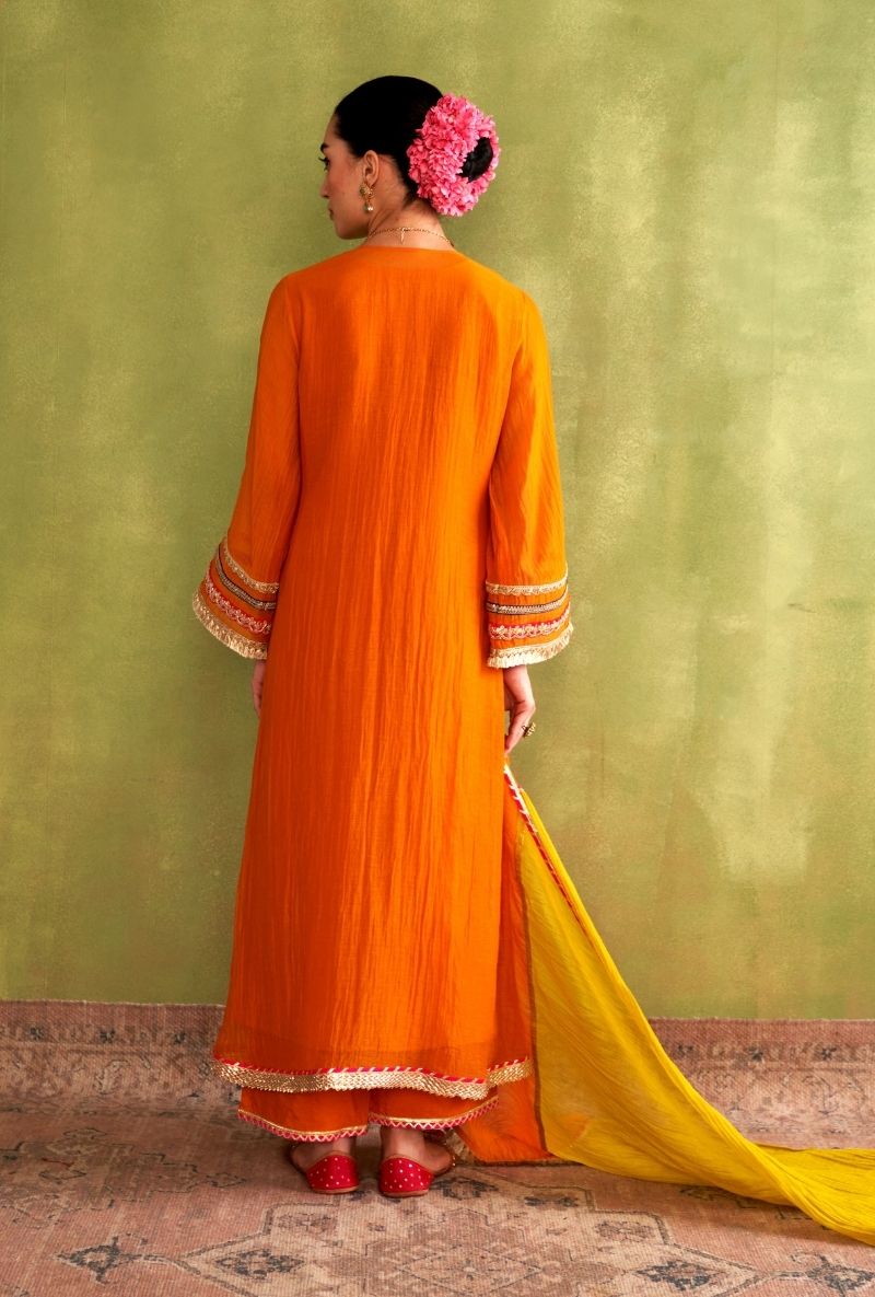 Orange Bird Motif Morbagh Kurta Set