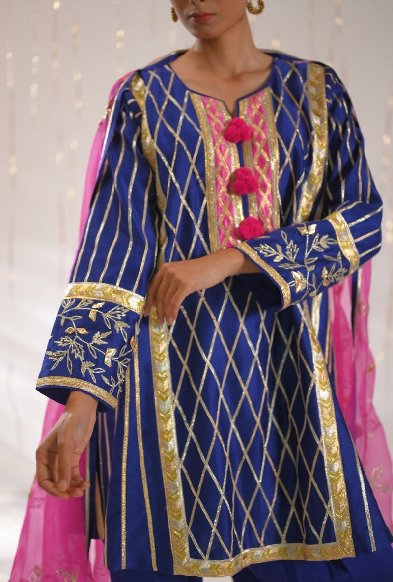 Ink Blue Gota Lace Patti Short Mehreen Kurta Set