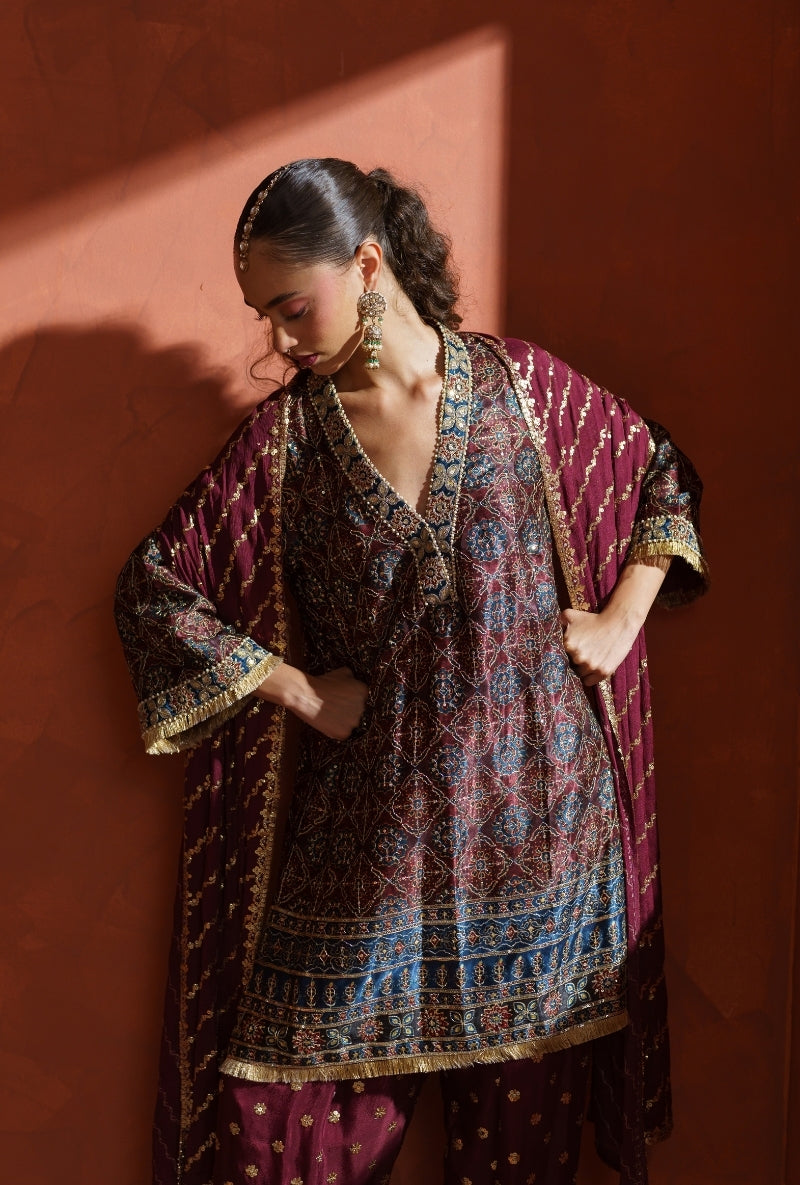 Burgundy Ajrak Print Vira Farshi Set