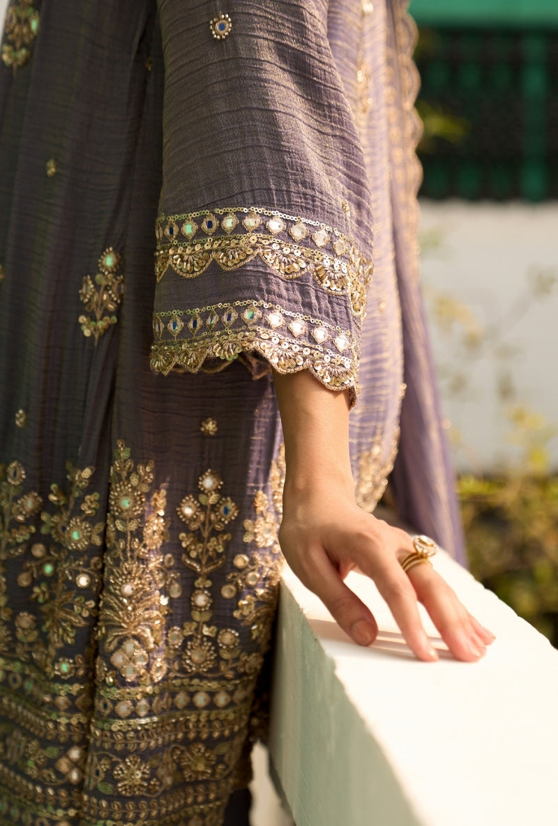 English Blue Embroidered A-Line Nadira Farshi Salwar Set