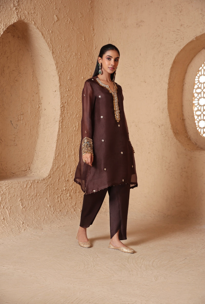Brown Embroidered Neck Nihira Short Kurta Set