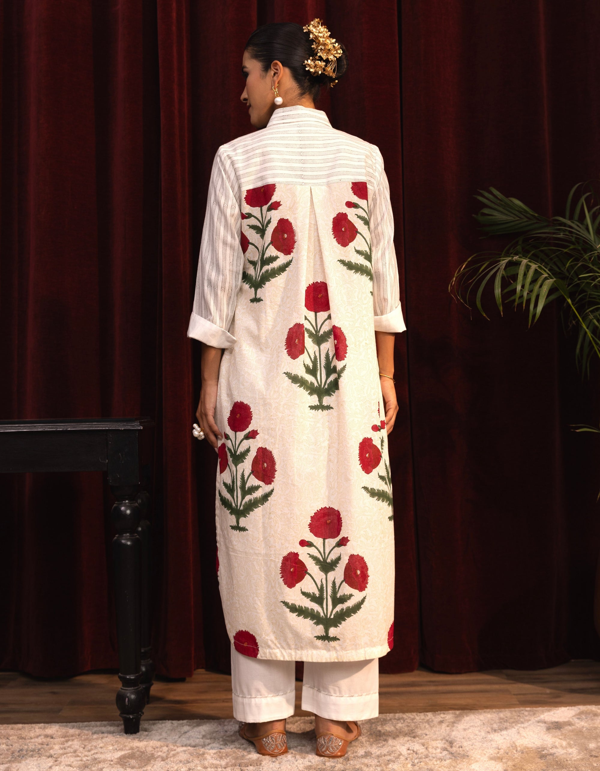 White Mughal Poppy Block Print Mogra Kurta Set