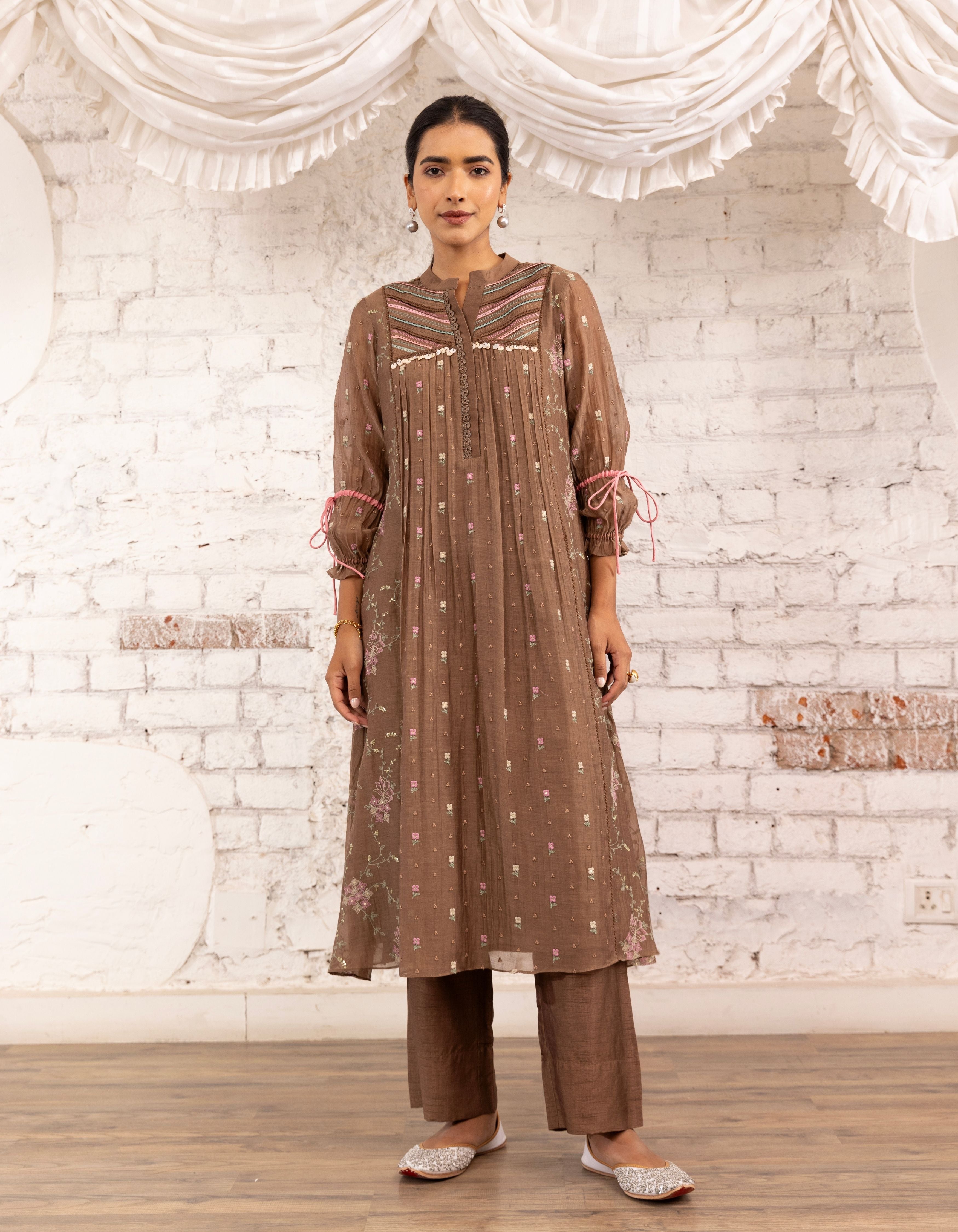 Brown Threadwork Short Yoke  Noor Kurta Set