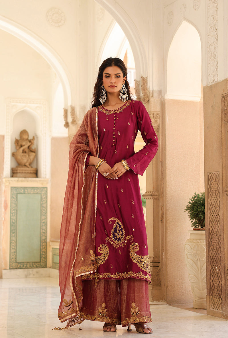 Wine Applique Long Raag Kurta Set