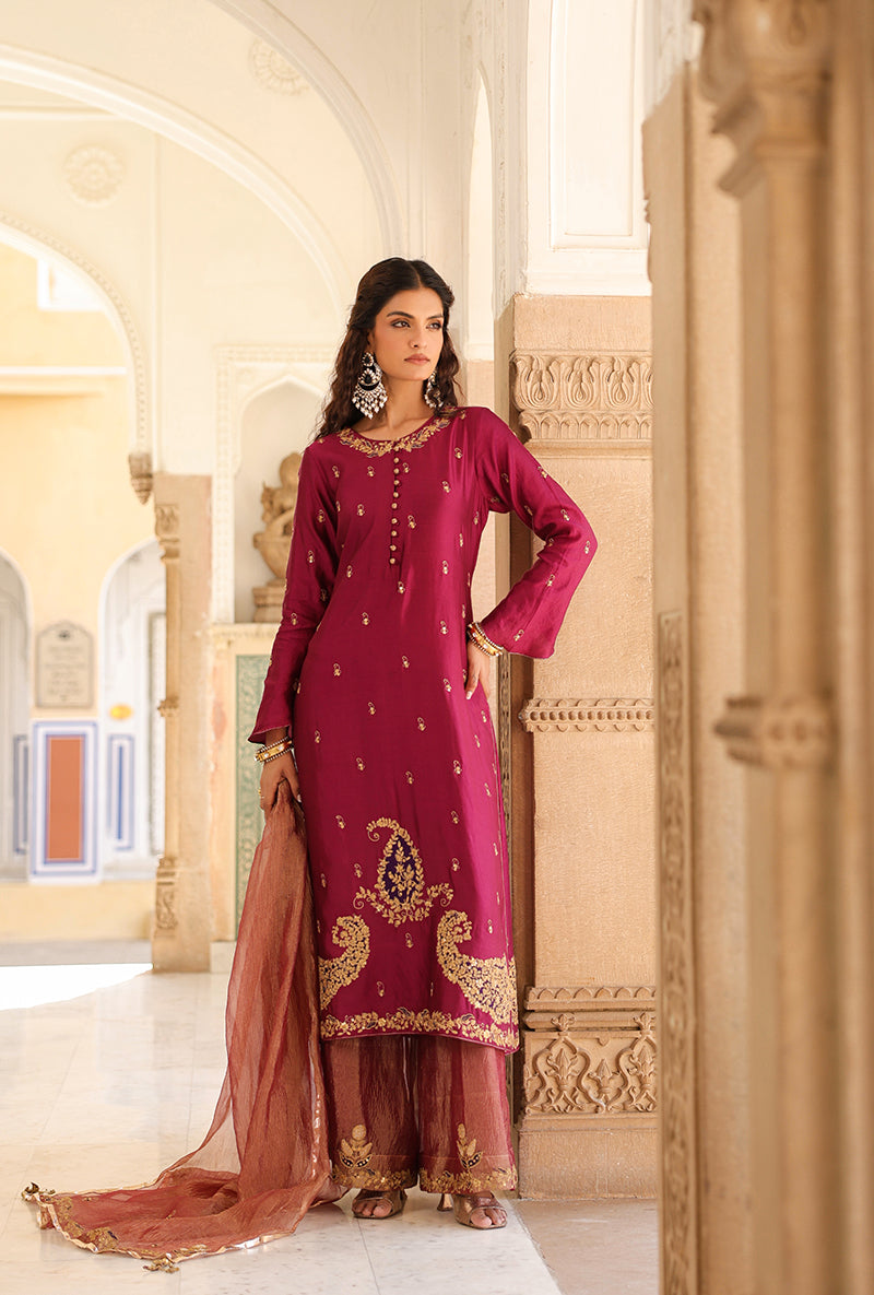 Wine Applique Long Raag Kurta Set