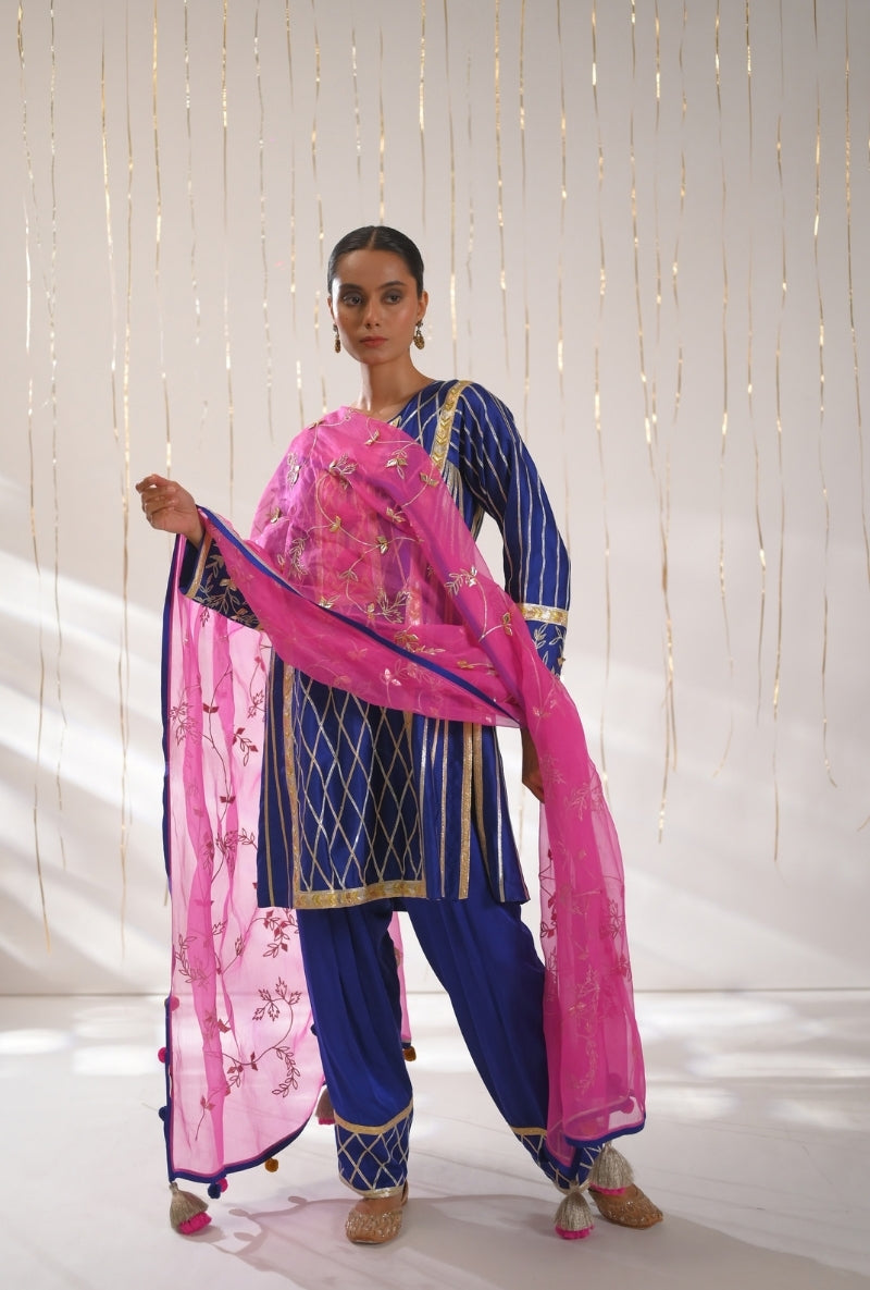 Ink Blue Gota Lace Patti Short Mehreen Kurta Set