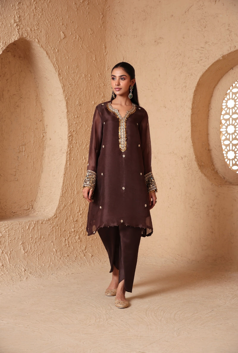 Brown Embroidered Neck Nihira Short Kurta Set