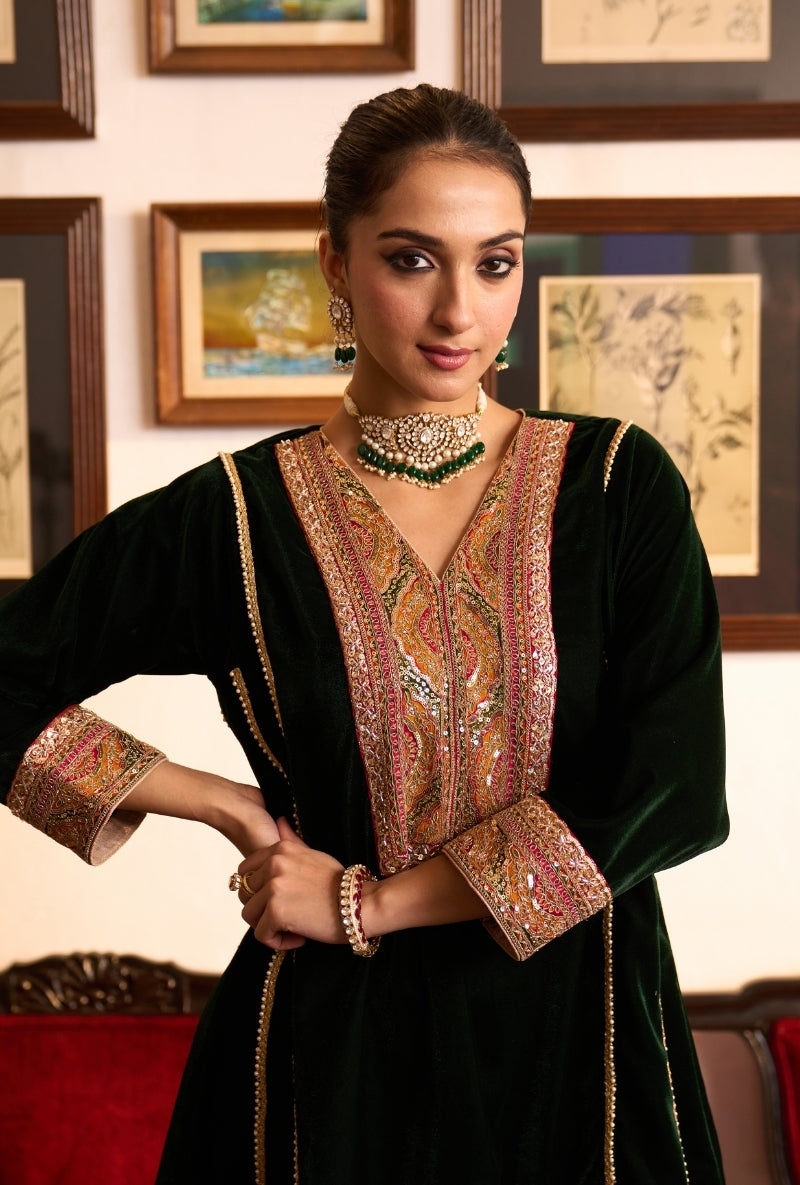 Bottle Green Short Kalidaar Dilbar Farshi Salwar Set