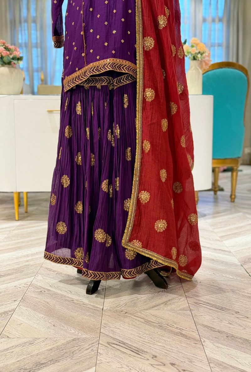 Purple Embroidered Choti Butti Kashni Sharara Set