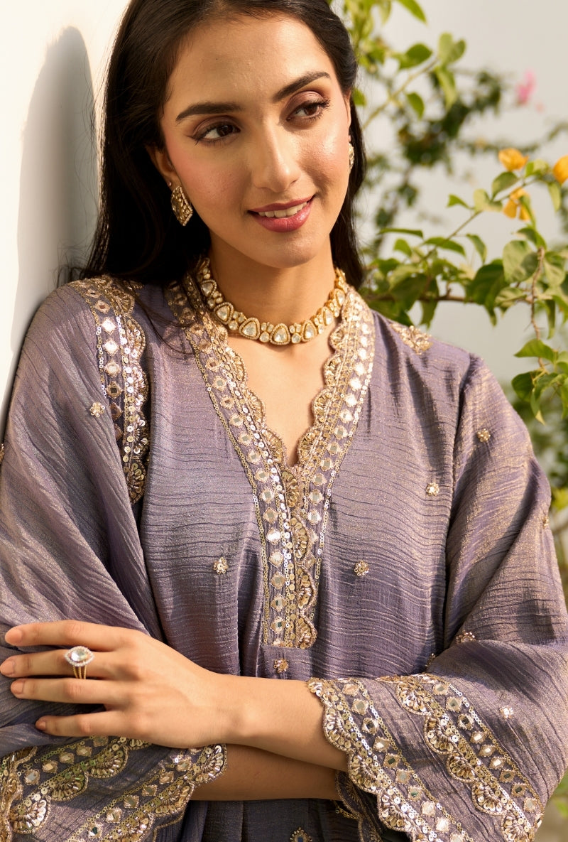 English Blue Embroidered A-Line Nadira Farshi Salwar Set