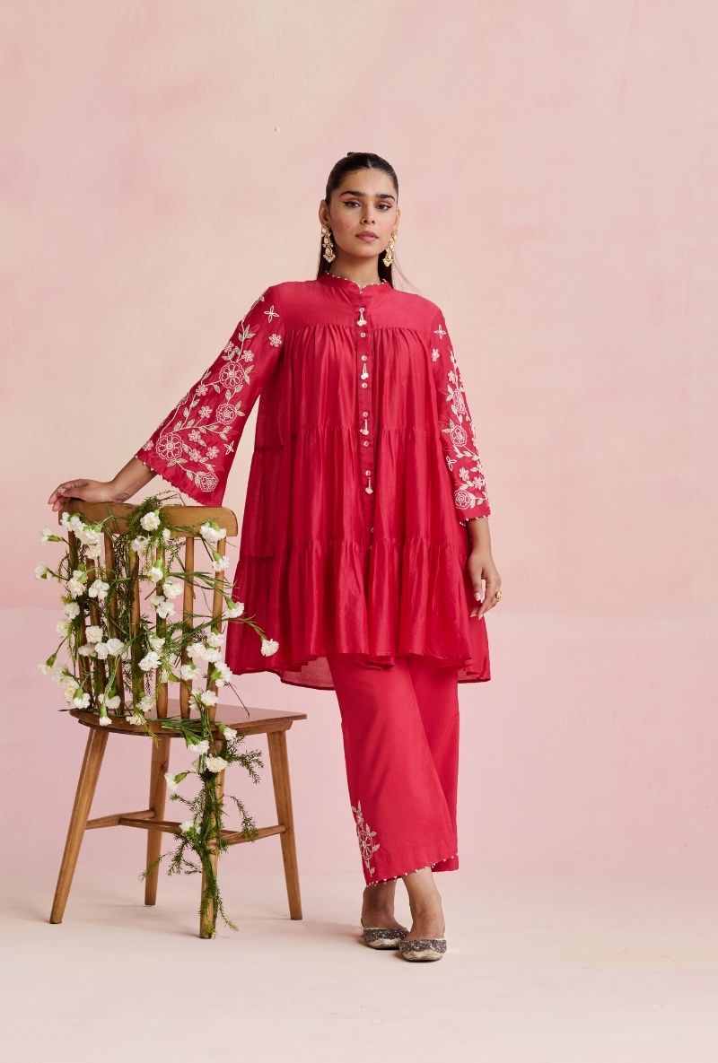 Bright Pink Embroidered Sleeves A Line Amara Kurta Set
