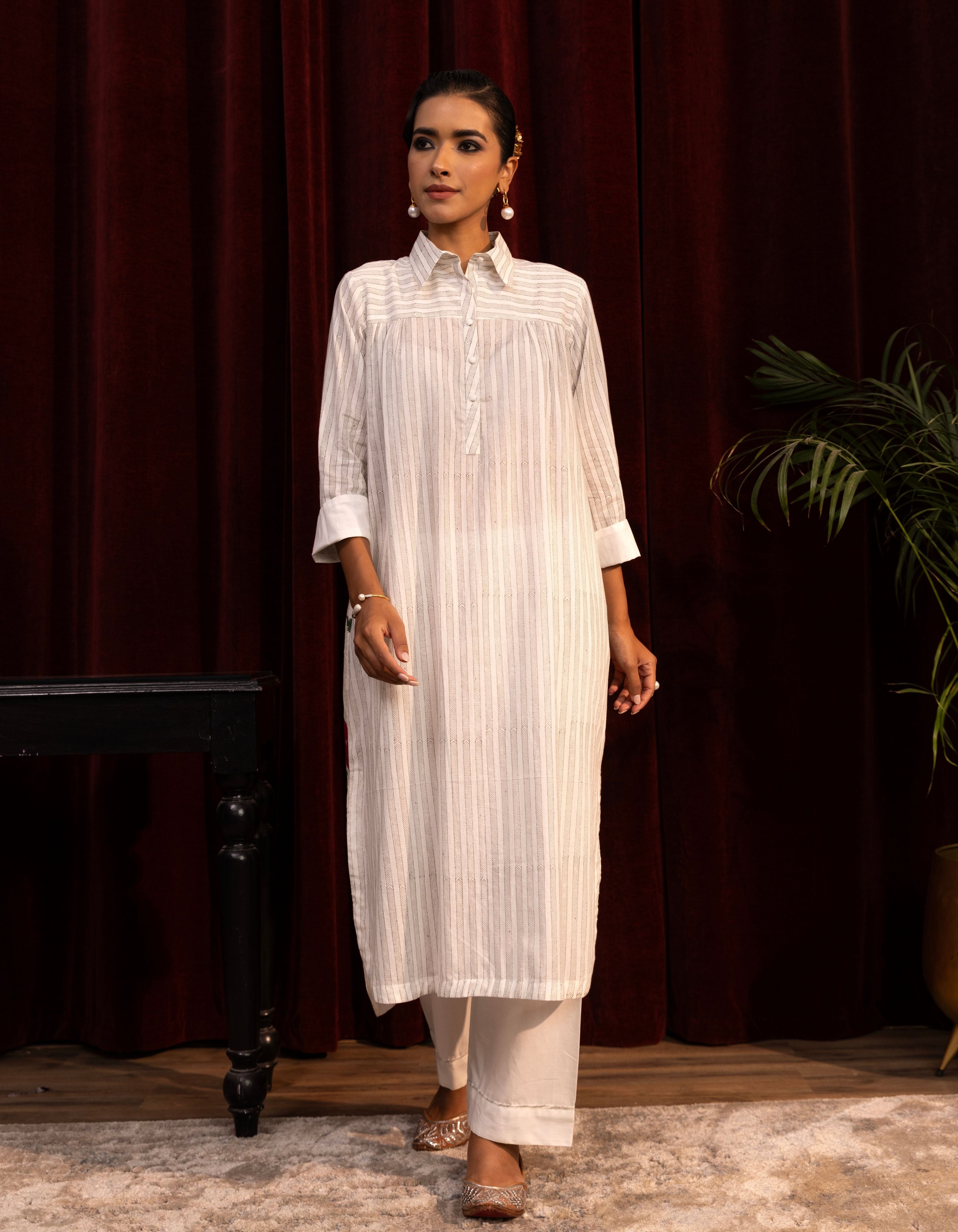 White Mughal Poppy Block Print Mogra Kurta Set
