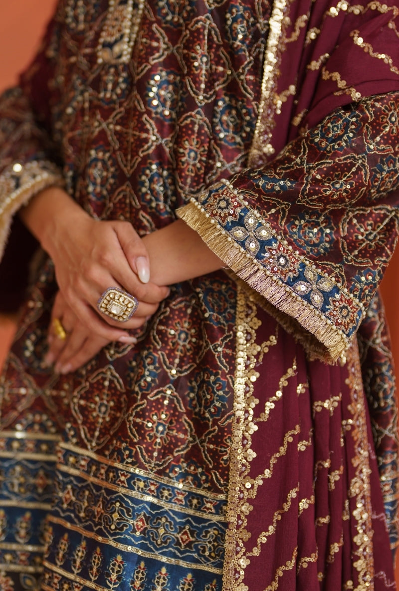 Burgundy Ajrak Print Vira Farshi Set