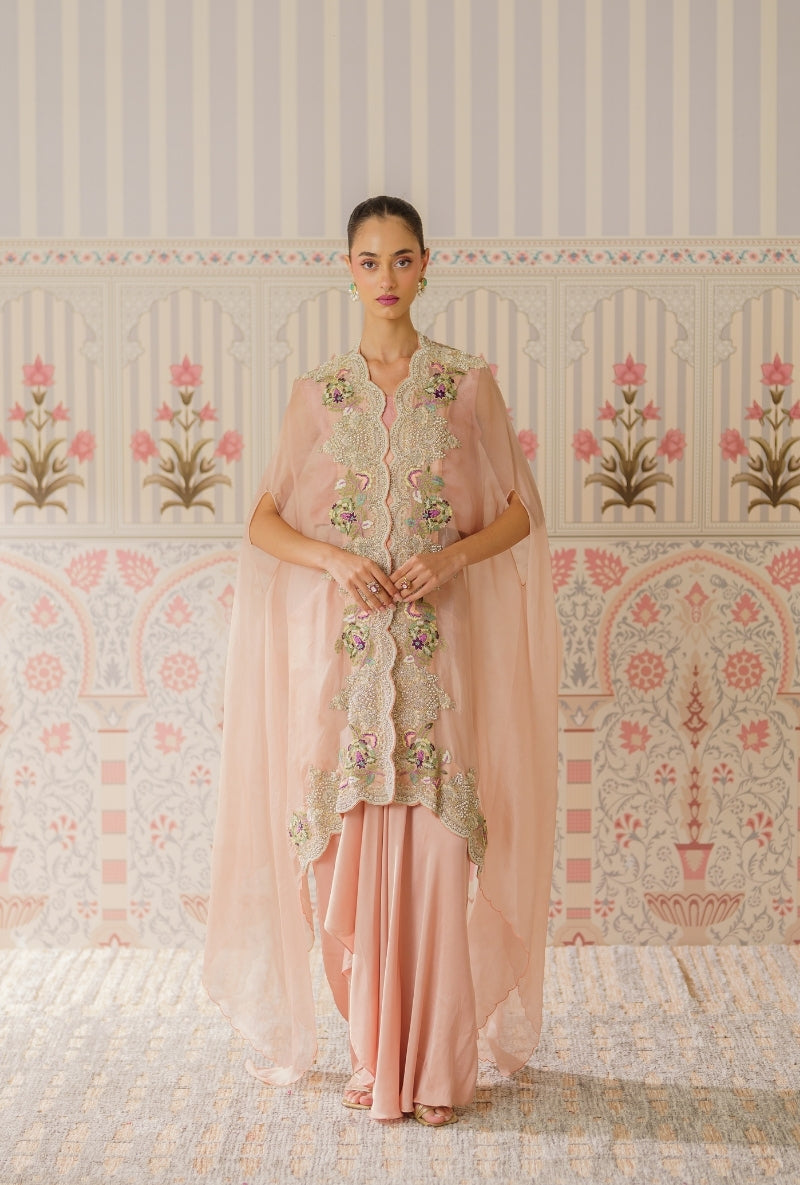 Powder Pink Pearl And Resham Mallika Cape Set