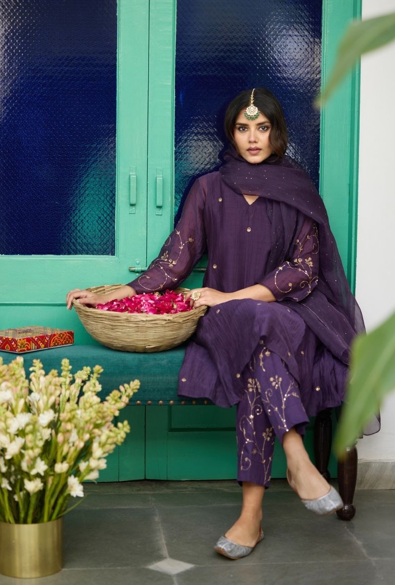 Purple Zari &amp; Dabka Work Urvi Kurta Set