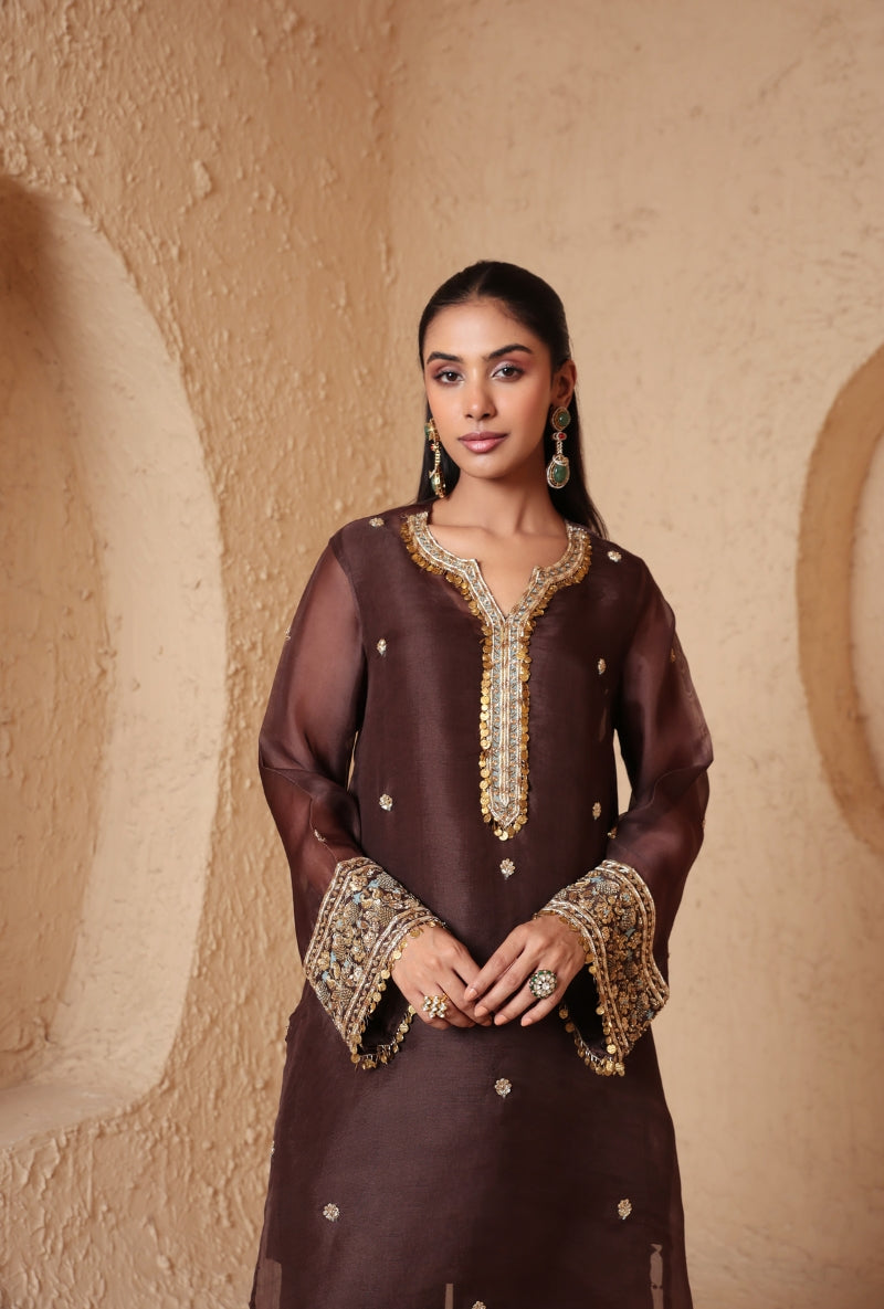 Brown Embroidered Neck Nihira Short Kurta Set