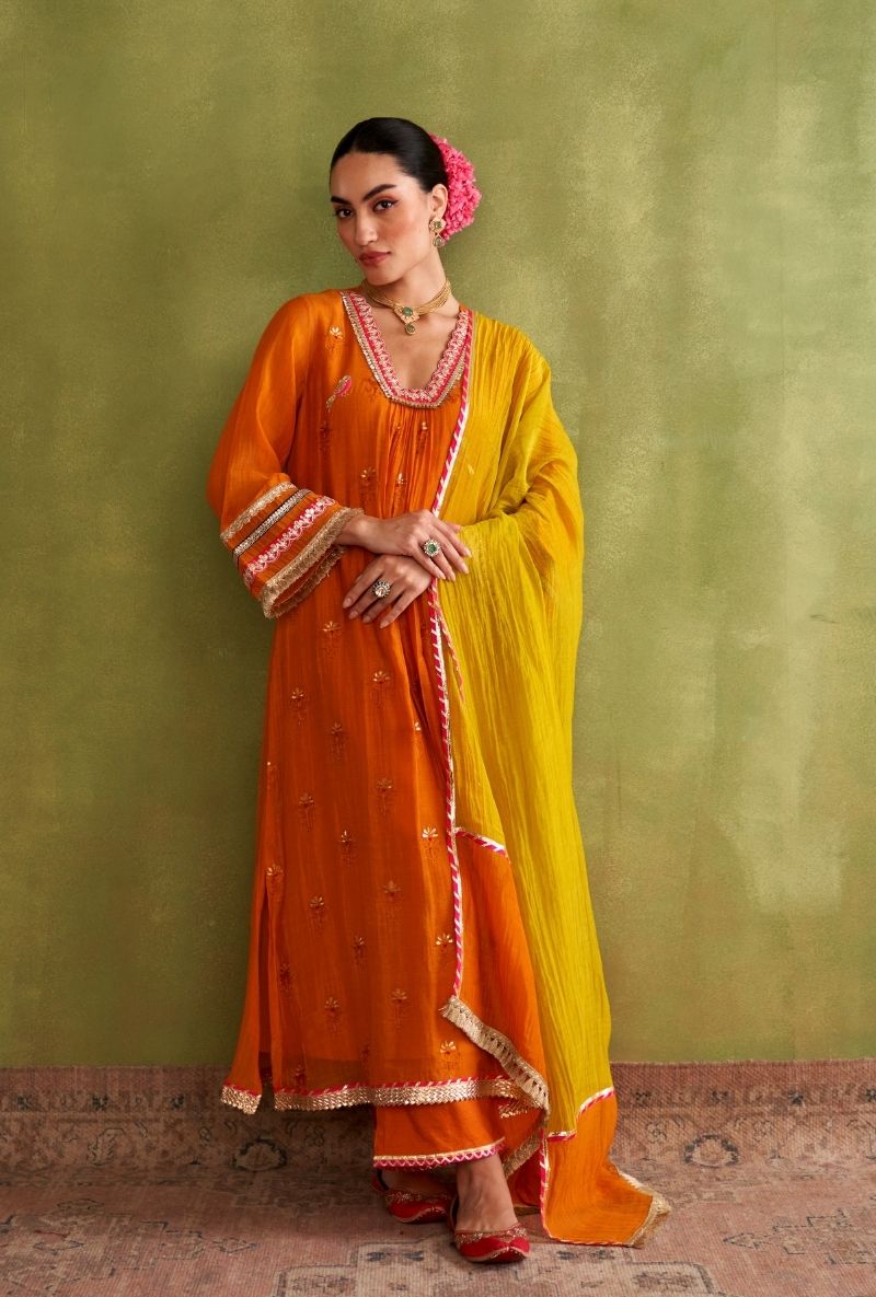 Orange Bird Motif Morbagh Kurta Set