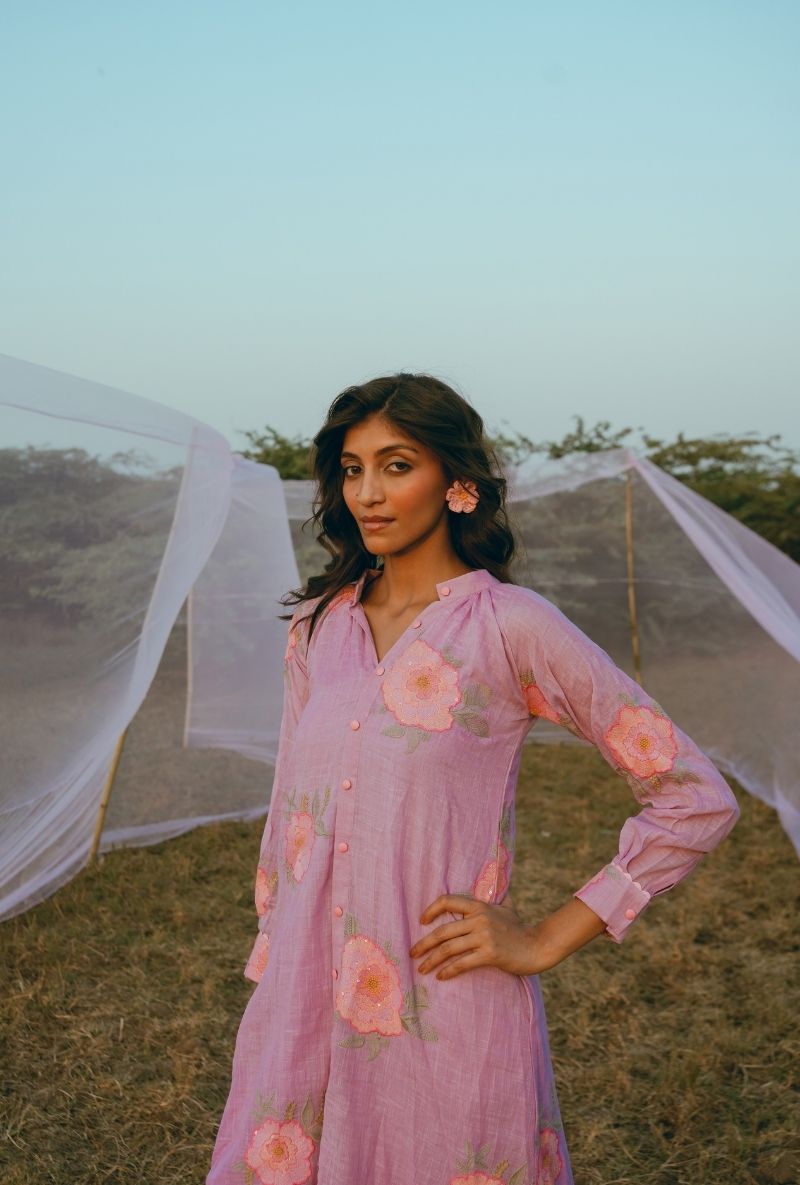 Lilac Floral Motifs Barfi Kurta Set