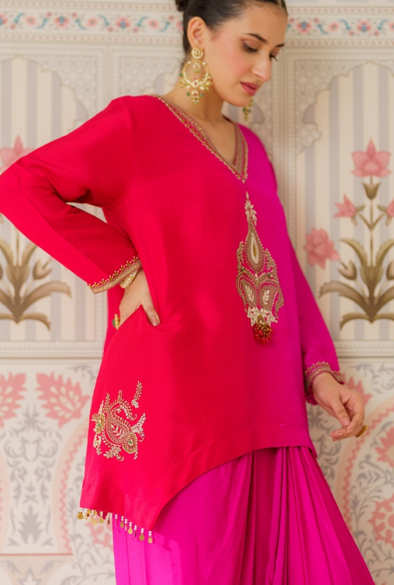 Pink &amp; Red Ombre Motif Hand Embroidery Mallika Kurta Set
