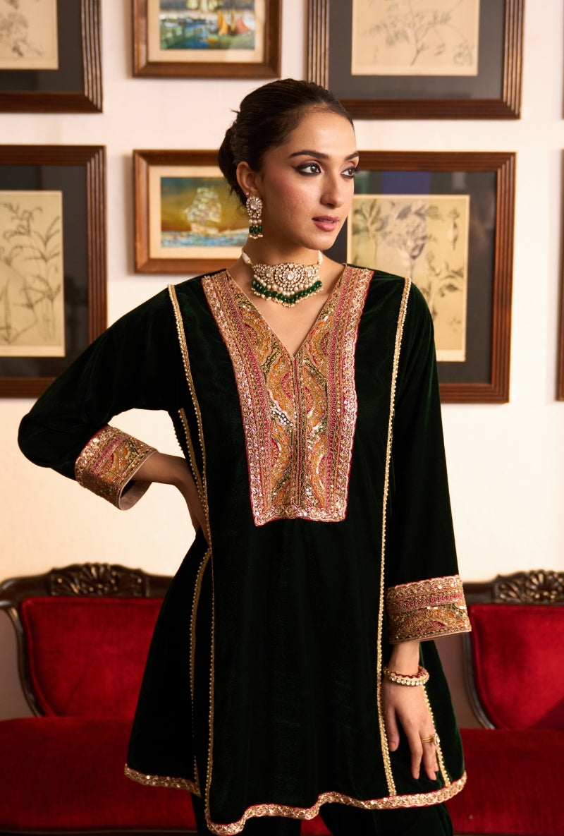 Bottle Green Short Kalidaar Dilbar Farshi Salwar Set