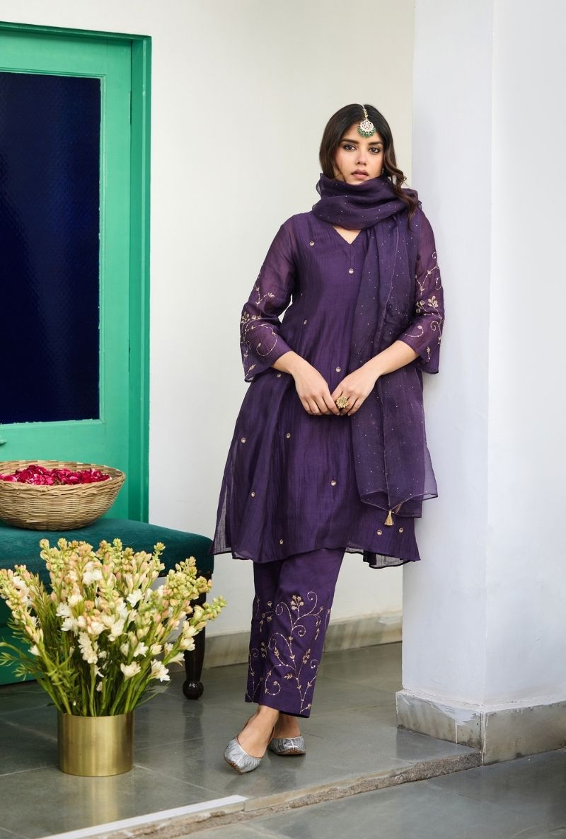 Purple Zari &amp; Dabka Work Urvi Kurta Set