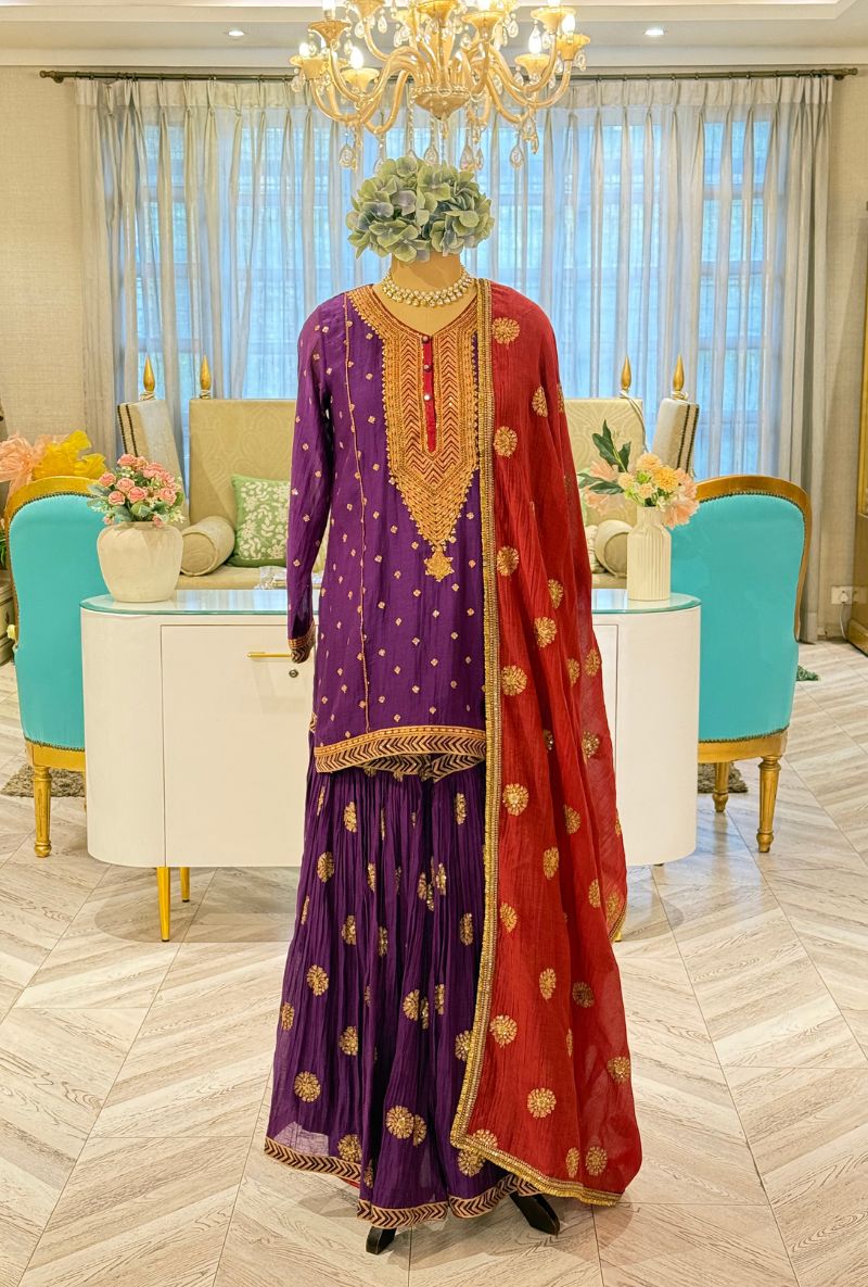 Purple Embroidered Choti Butti Kashni Sharara Set