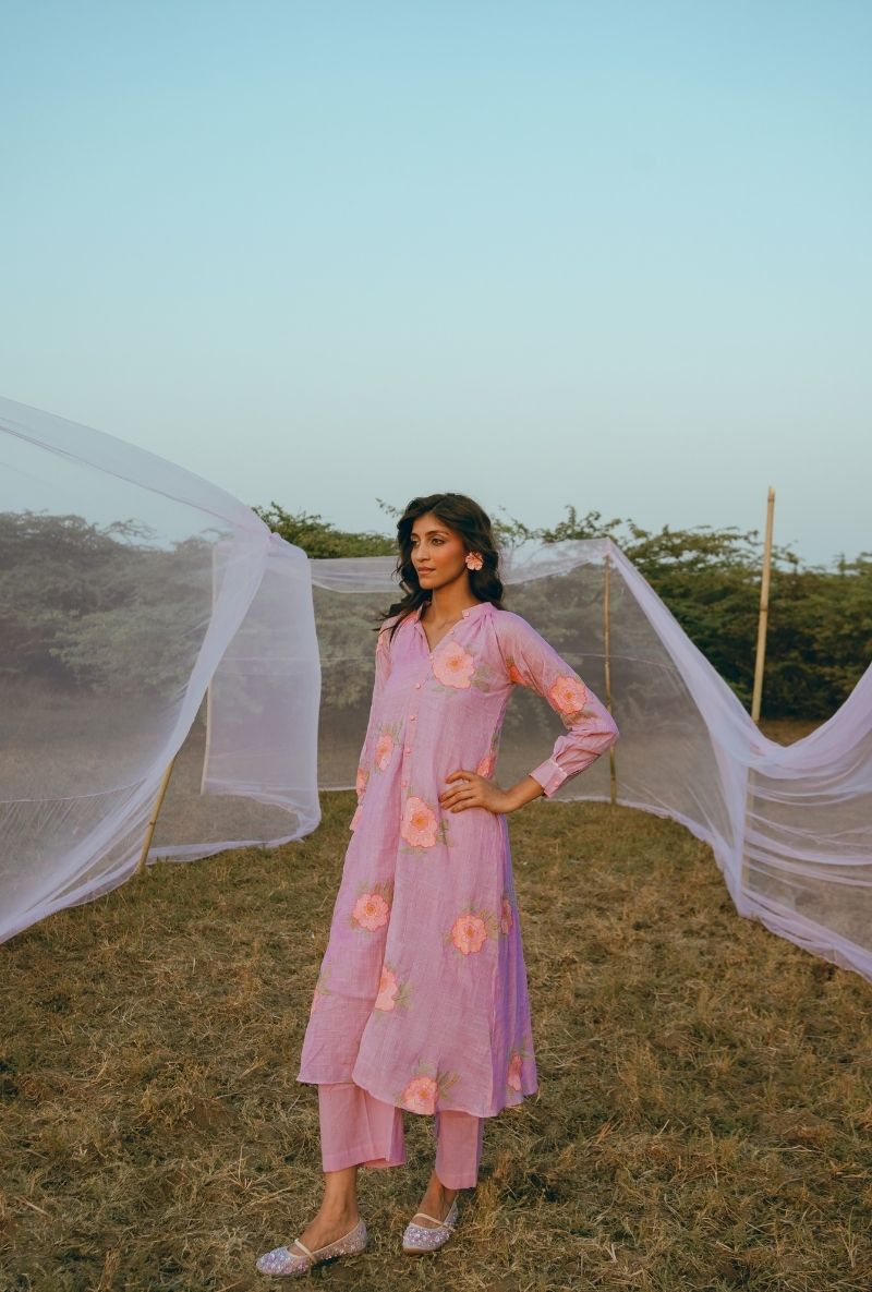 Lilac Floral Motifs Barfi Kurta Set