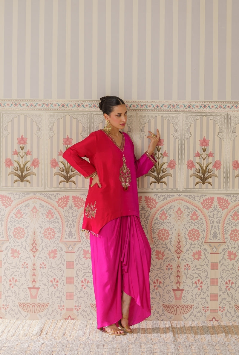 Pink &amp; Red Ombre Motif Hand Embroidery Mallika Kurta Set