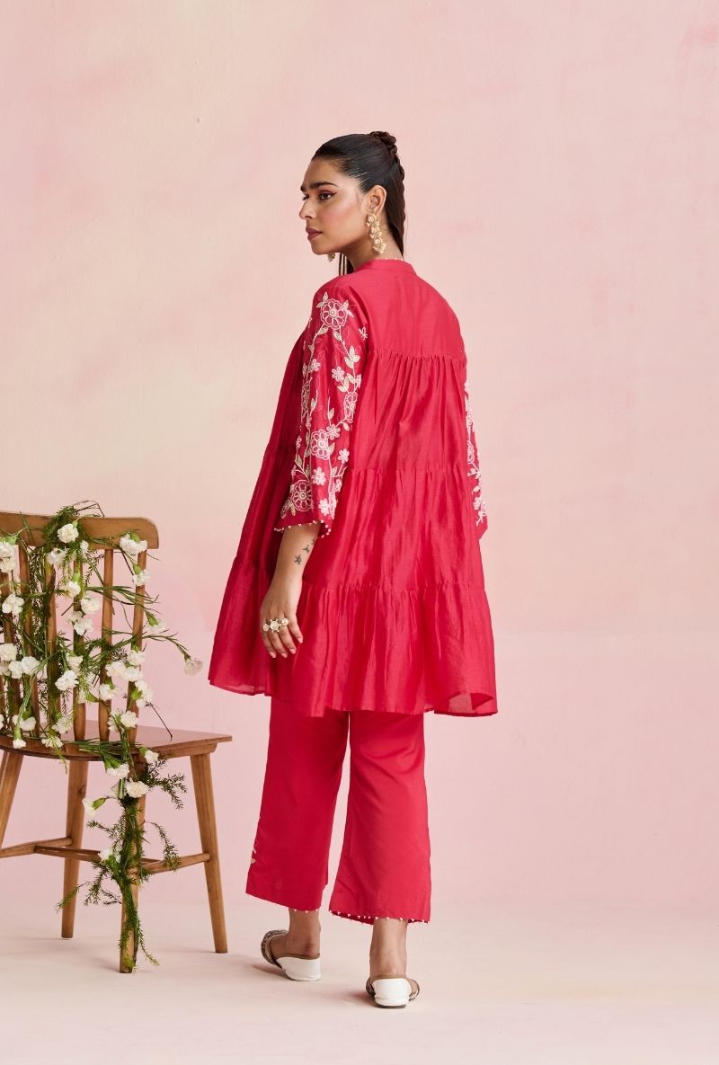 Bright Pink Embroidered Sleeves A Line Amara Kurta Set