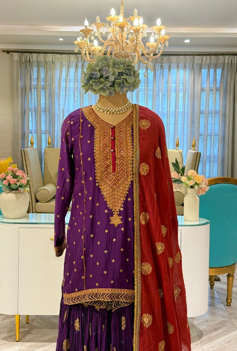 Purple Embroidered Choti Butti Kashni Sharara Set