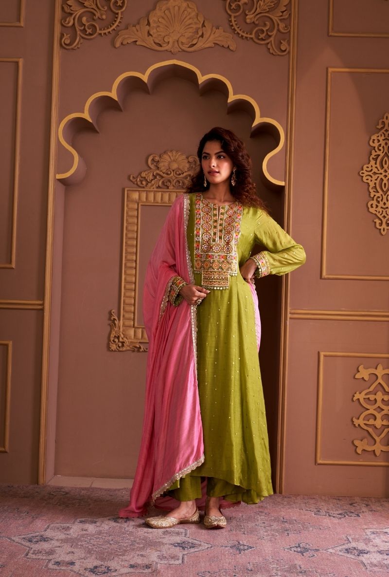 Green Rectangle Gota Yoke Rasia Kurta Set