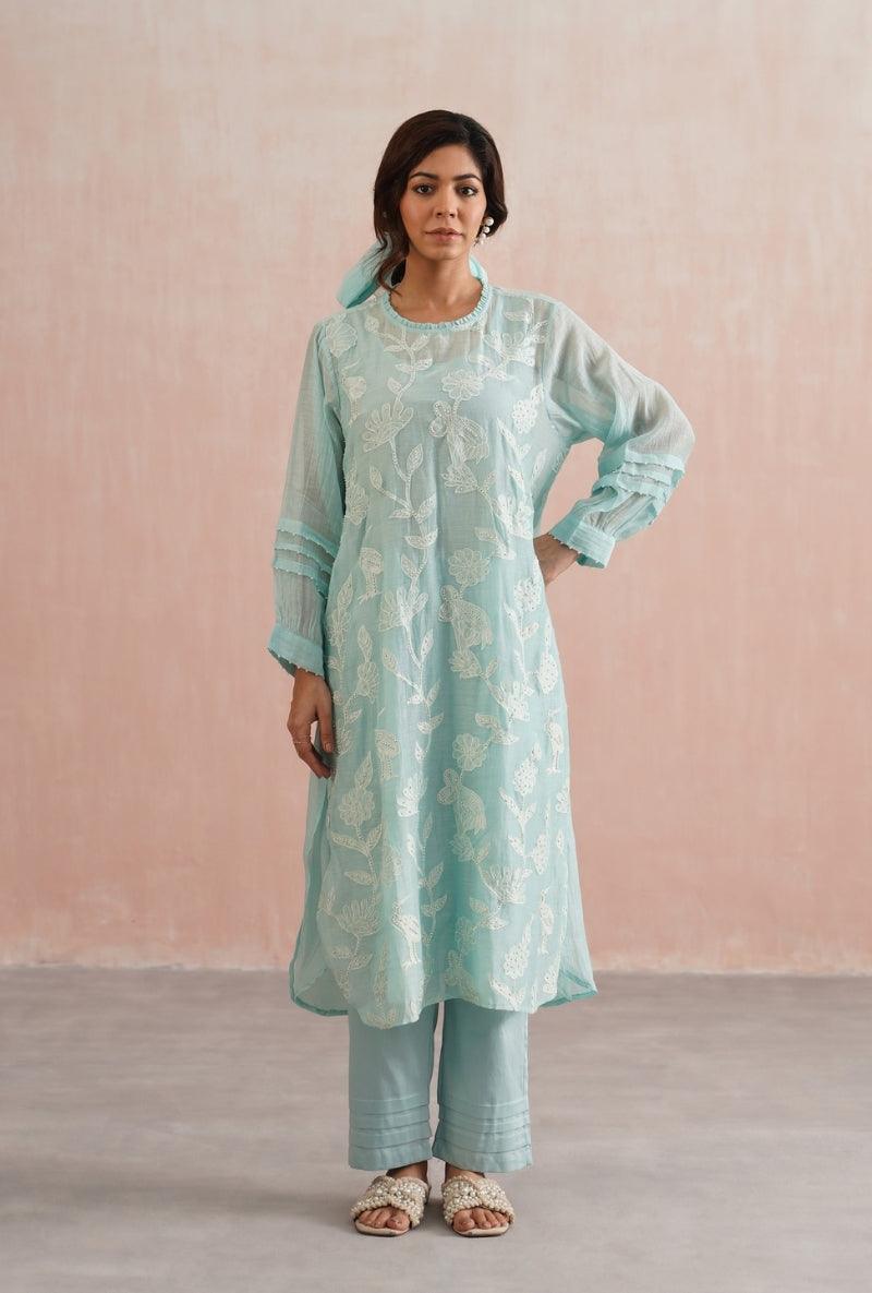 Pale Blue Applique And Pearl Embroidered Prisha Kurta Set