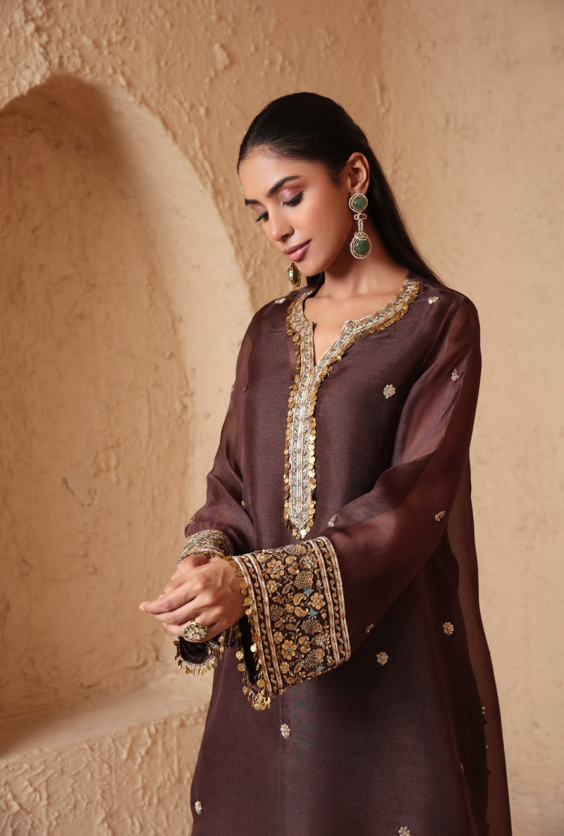 Brown Embroidered Neck Nihira Short Kurta Set