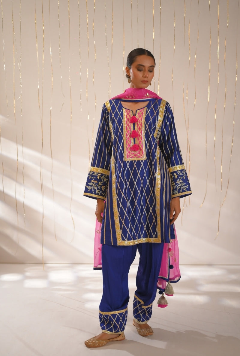 Ink Blue Gota Lace Patti Short Mehreen Kurta Set