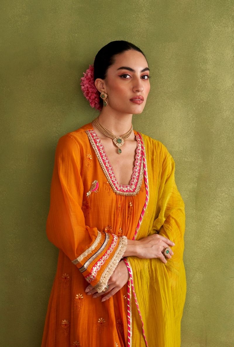 Orange Bird Motif Morbagh Kurta Set