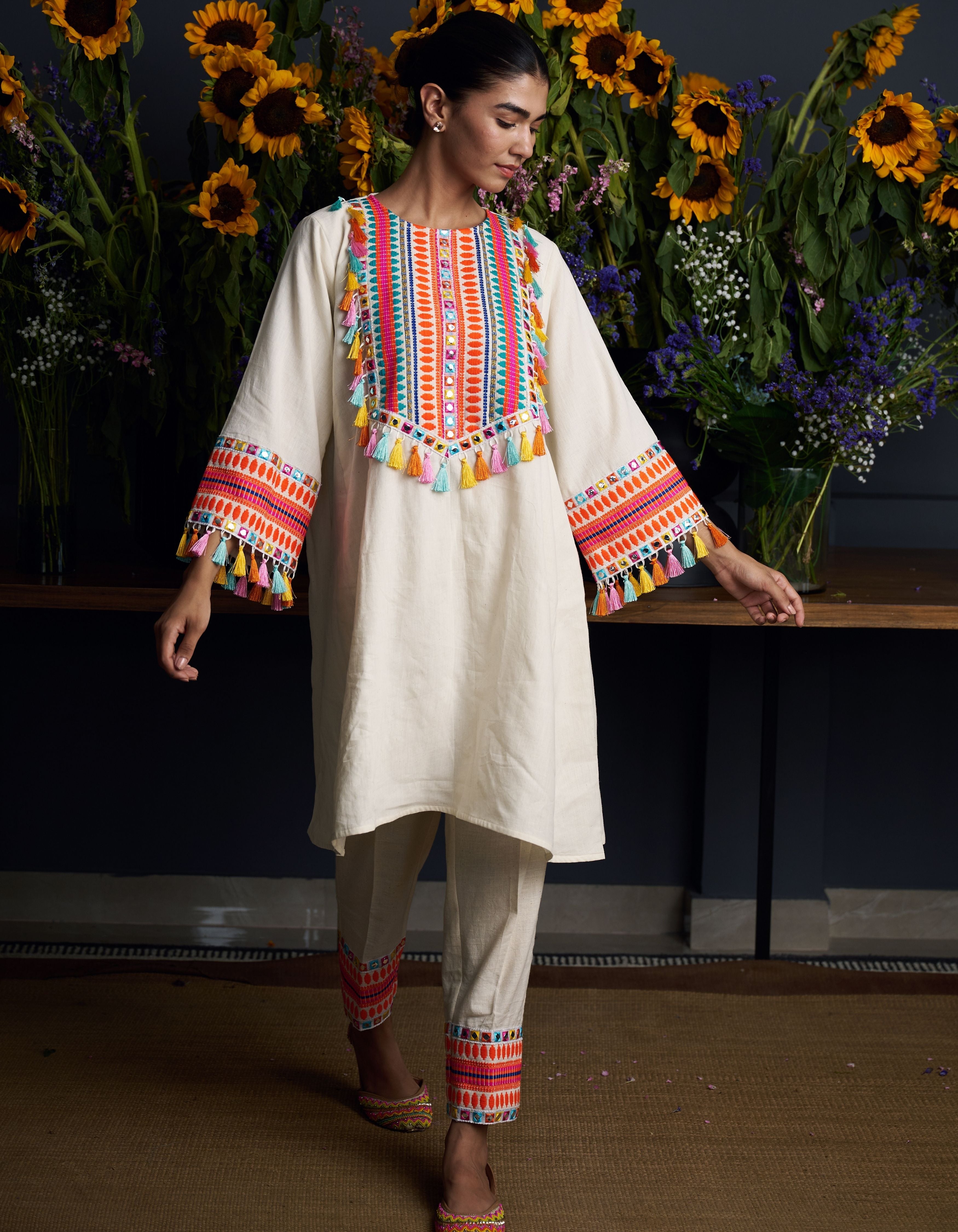 Beige Multi Colour Yoke And Tassels Rangini Nadia Kurta Set