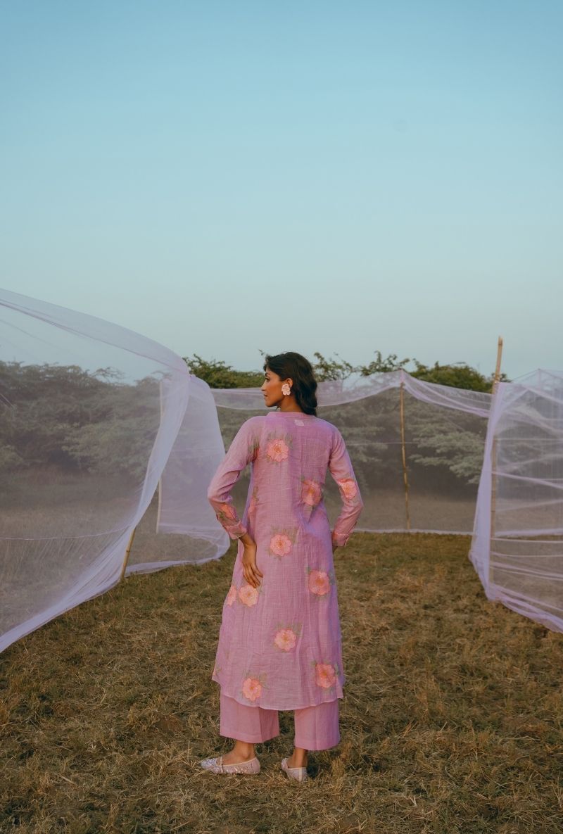 Lilac Floral Motifs Barfi Kurta Set