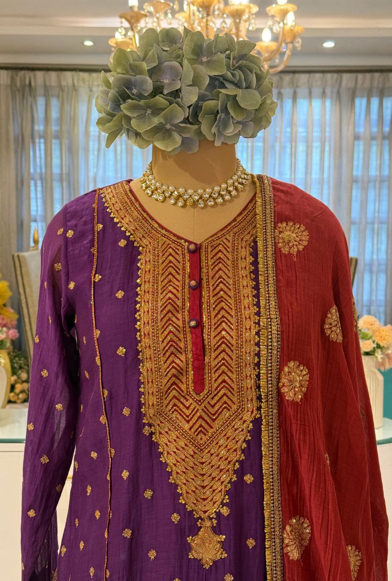 Purple Embroidered Choti Butti Kashni Sharara Set
