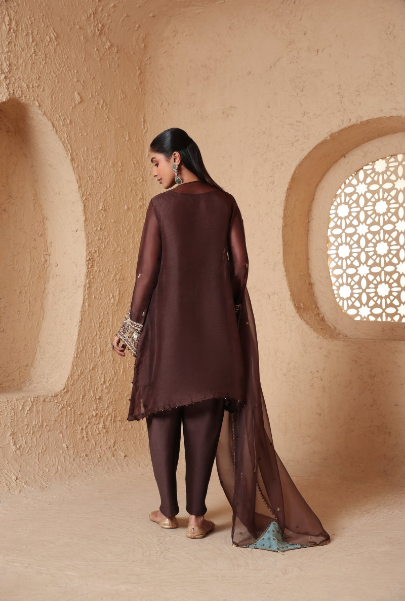 Brown Embroidered Neck Nihira Short Kurta Set